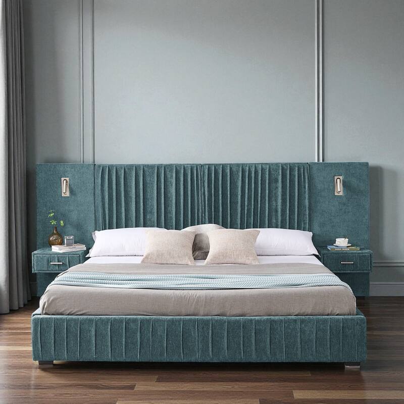 King Upholstered Platform Bed with Pleated Chenille Headboard, Built-in Bedside Table & Adjustable Lamps, No Box Spring - Blue Green - King