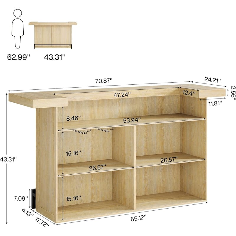 4-Tier Wooden Bar Table, 70.9" Large Home Bar Unit with Storage Shelves for Home, Patio, Basement