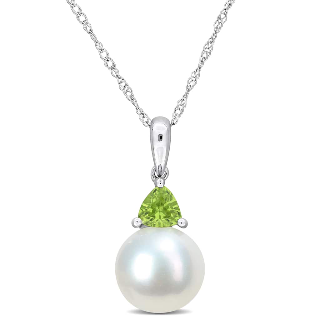 Miadora 8-8.5mm Cultured Freshwater Pearl and 1/3ct TGW Peridot Pendant with Chain in 10k White Gold - 19 mm x 8.3 mm