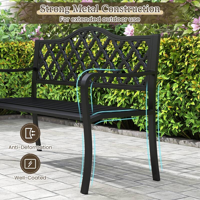 Black Metal Patio Bench with Patterned Backrest, Curved Armrests and Anti-Slip Pads - 21.5" L x 50.5" W x 35" H