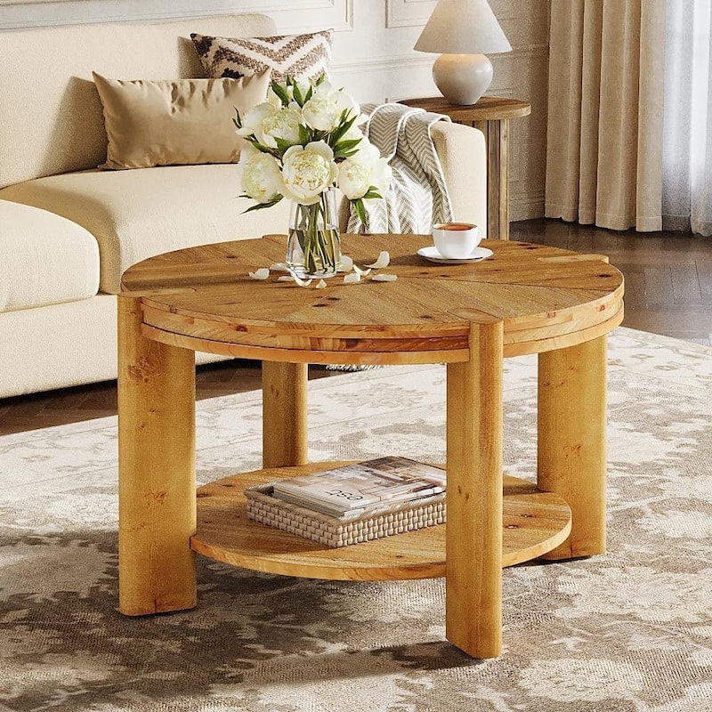 Farmhouse 2-Tier Round Solid Wood Coffee Table, 31.5" Circle Accent Center Tables for Living Room