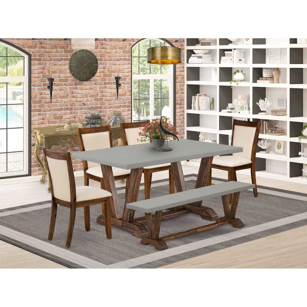 HomeStock 6-Piece Rectangle Distressed Jacobean Finish Solid Wood Top Dining Table with 1-Bench, 4-Chairs