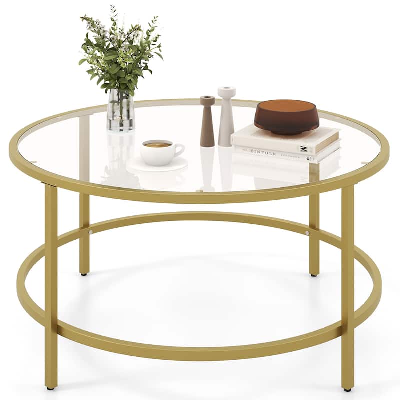 Tempered Glass Round Coffee Table with Metal Frame and 110 lbs Capacity - 35.5" x 35.5" x 18"