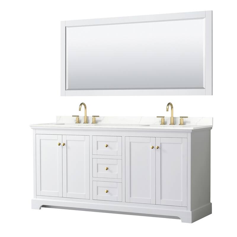 Avery 72-inch Double Vanity, Quartz Top, 70-inch Mirror - White, Gold Trim, Giotto Quartz Top