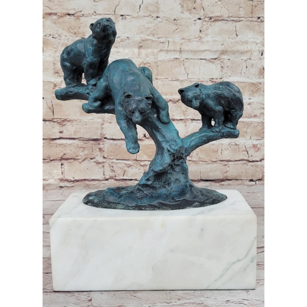 Bear Family Bears On Tree Branch - Bronze Metal Sculpture On White Marble Base