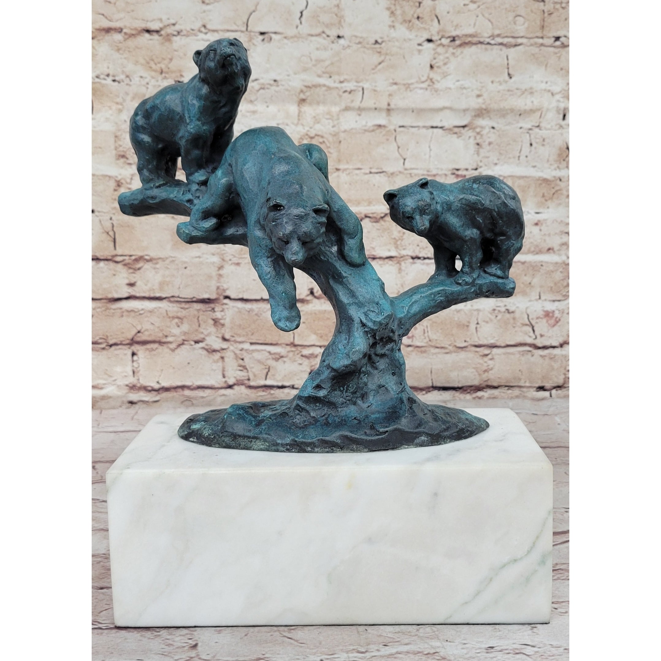 Bear Family Bears On Tree Branch - Bronze Metal Sculpture On White Marble Base