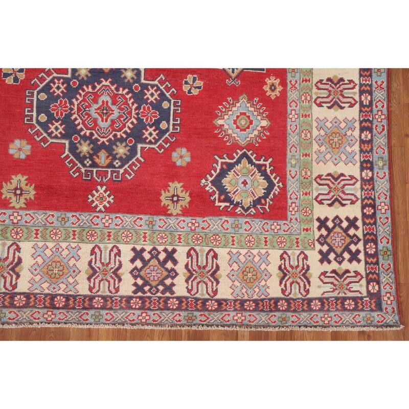 Hand Knotted Oriental 100% Wool Carpet Traditional Geometric Red Kazak Area Rug - 9' 8'' X 6' 3''