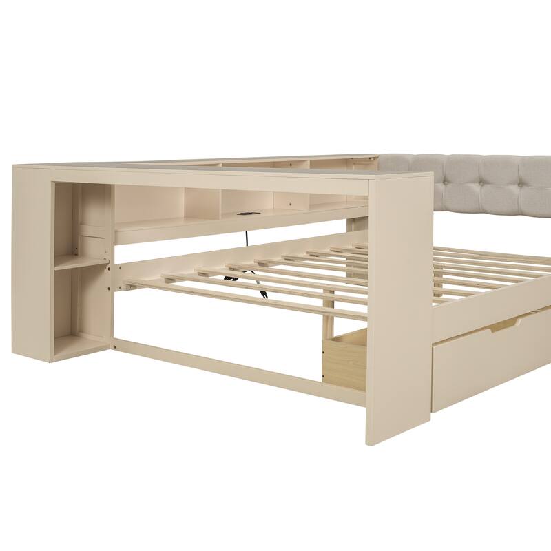 GDFStudio - Wood Platform Bed with Upholstered Headboard, Storage, Drawers & Charging Station