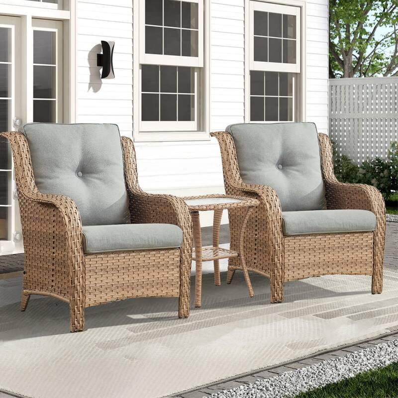 Outdoor Arm Chair with Cushion Rattan Chair - Yellow Rattan - Beige Cushion - 3PCS - Patio Chair w/ Table