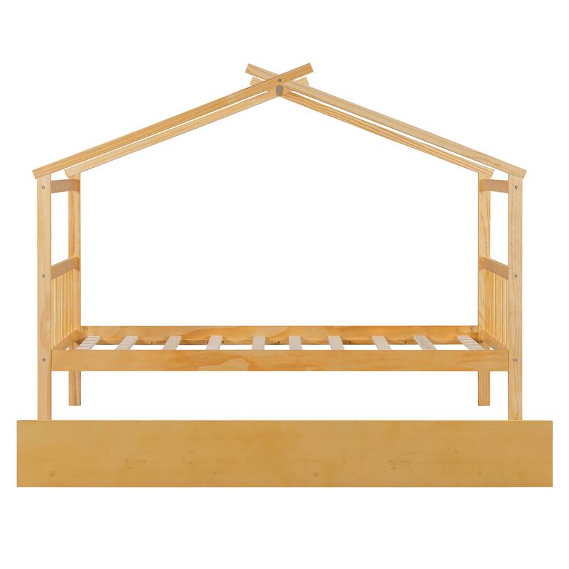 Twin Size Wooden House Bed with Pull-Out Trundle, Natural Finish