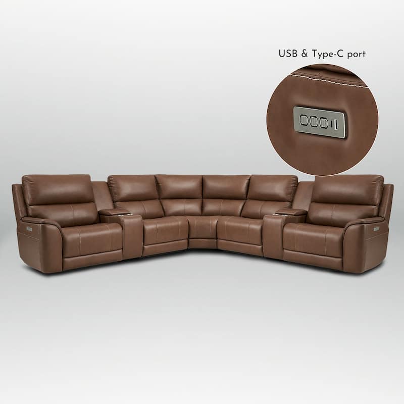 136''W 5 Seats Genuine Leather Power Reclining Double Width Brown Sectional Sofa with Zero Gravity and USB&Type-C Ports