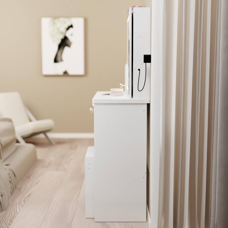 Vanity Desk with Touch Control Sliding LED Mirror, Large Capacity Dressing Table Set, Makeup Table with Cushioned Stool