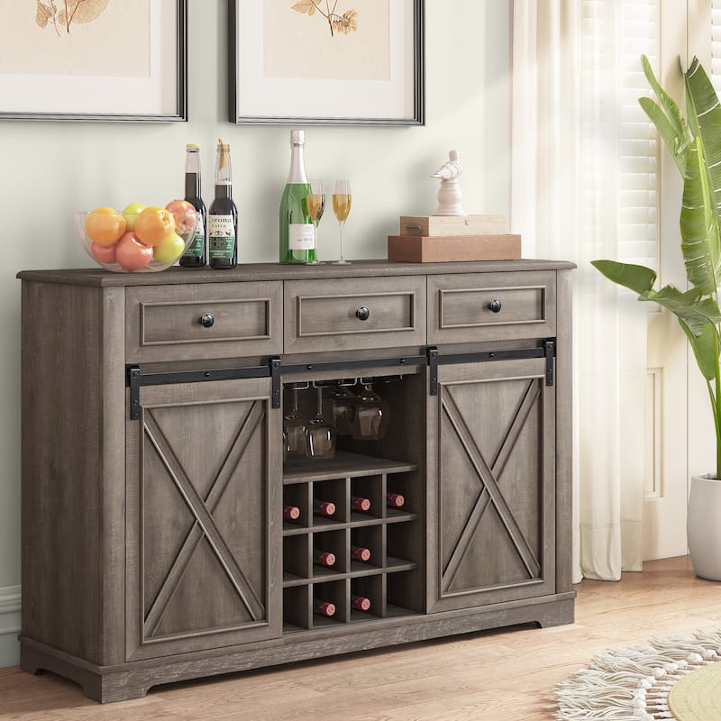 54" Farm Style Wood Buffet Bar Cabinet w/Wine & Glass Rack