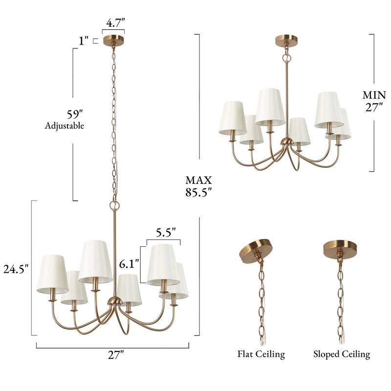 Bella Mid-century Modern Gold 6-Light Chandelier with Fabric Shade for Dining Living Room - D27"x H 24.5"