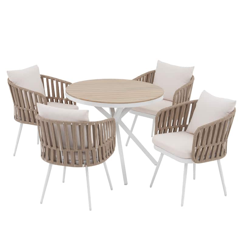 Acacia Wood Outdoor Dining Set - Round Table with 4 Metal Frame Rope Chairs