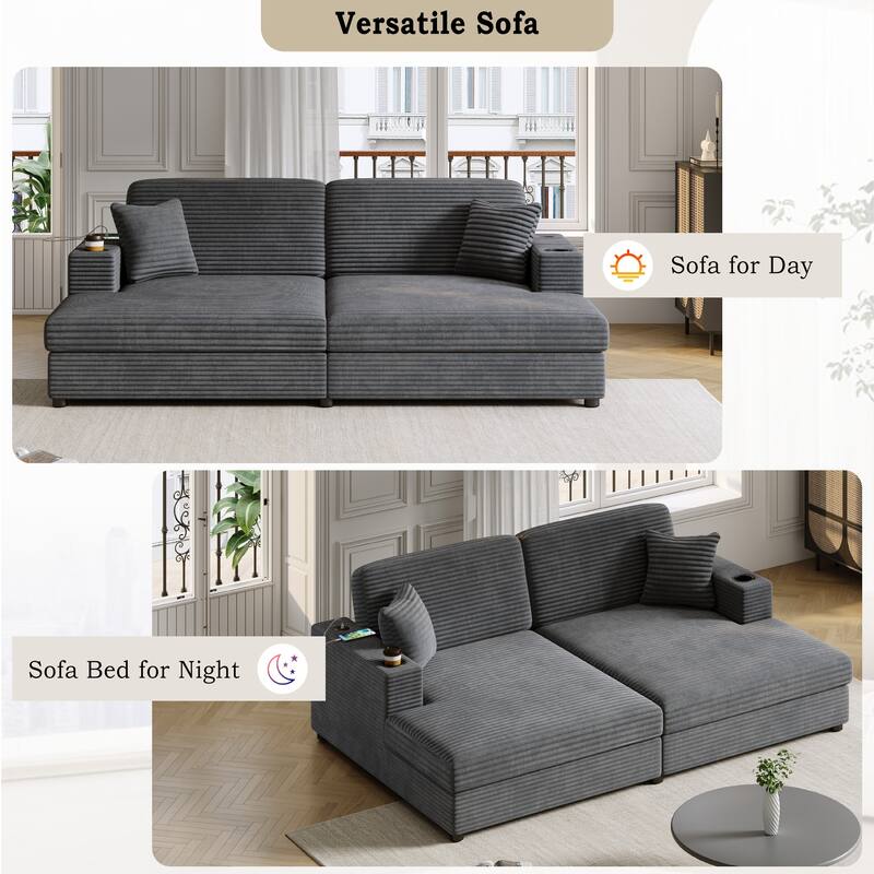 86.5" Corduroy Chaise Lounge Sofa with 2 USB Ports, Cup Holders, and 550lb Capacity