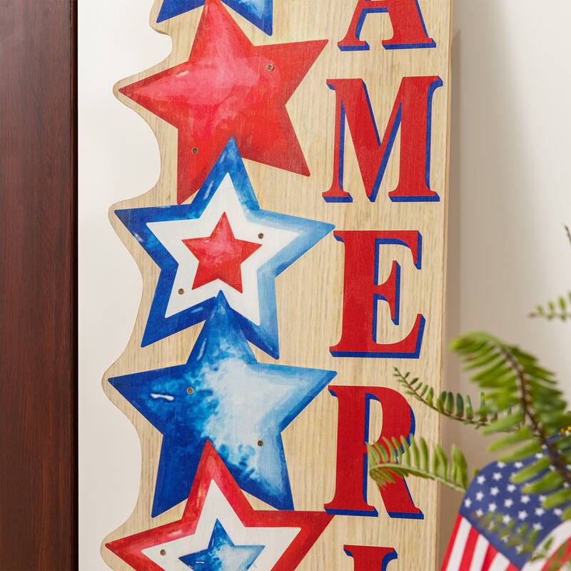 Glitzhome 42"H Lighted Patriotic/ Americana Wooden Stacked Stars Porch Sign with Timer