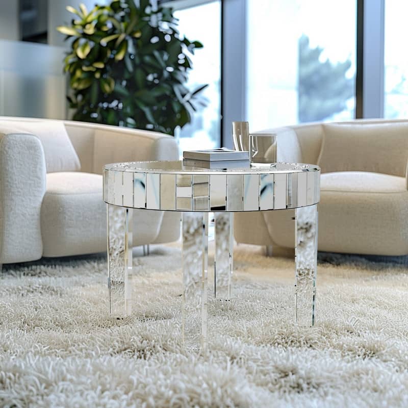 Silver Crushed Crystal Side Coffee Table Crystals Inlay Mirrored Table - 24"x20"