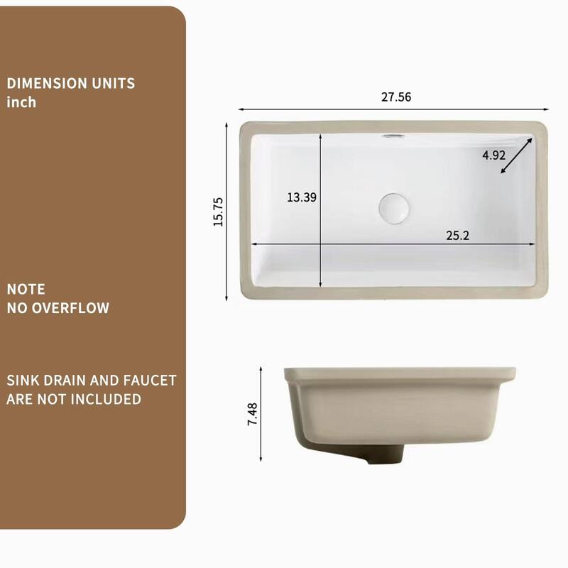 Eridanus Undermount Kitchen Sink - White Ceramic Sink, Deep Single Bowl (Without Bottom Grid and Strainer Drain