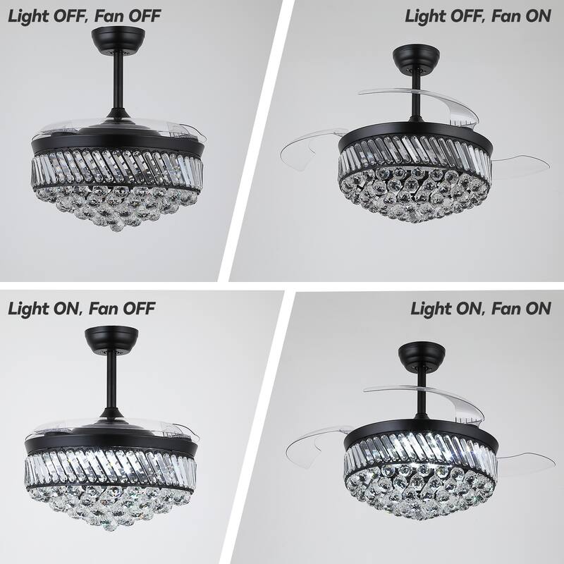 Kviflon 48" Crystal Fandelier Ceiling Fan with Light and Retractable Blades LED Dimmable for Bedroom Living Room - 48 Inches