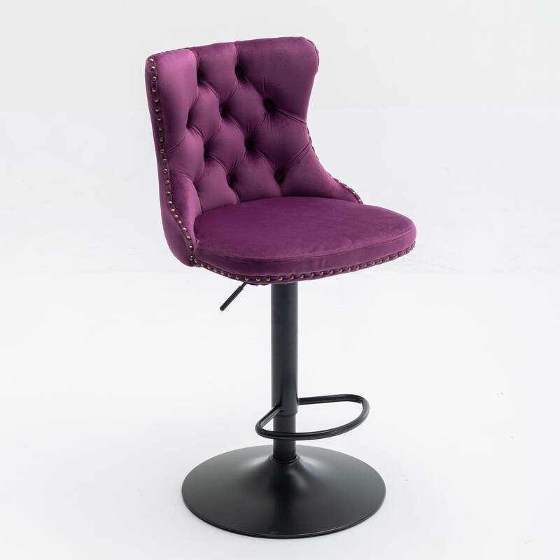 Set of 2 Swivel Velvet Bar Stools with Tufted Back, Adjustable Height 25-33" for Kitchen Island & Pub - Purple