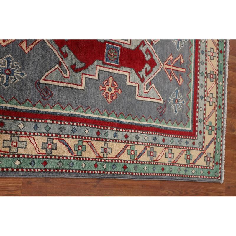 Gray Geometric Kazak Foyer Rug Hand-Knotted Traditional Wool Carpet - 3'4" x 4'9"