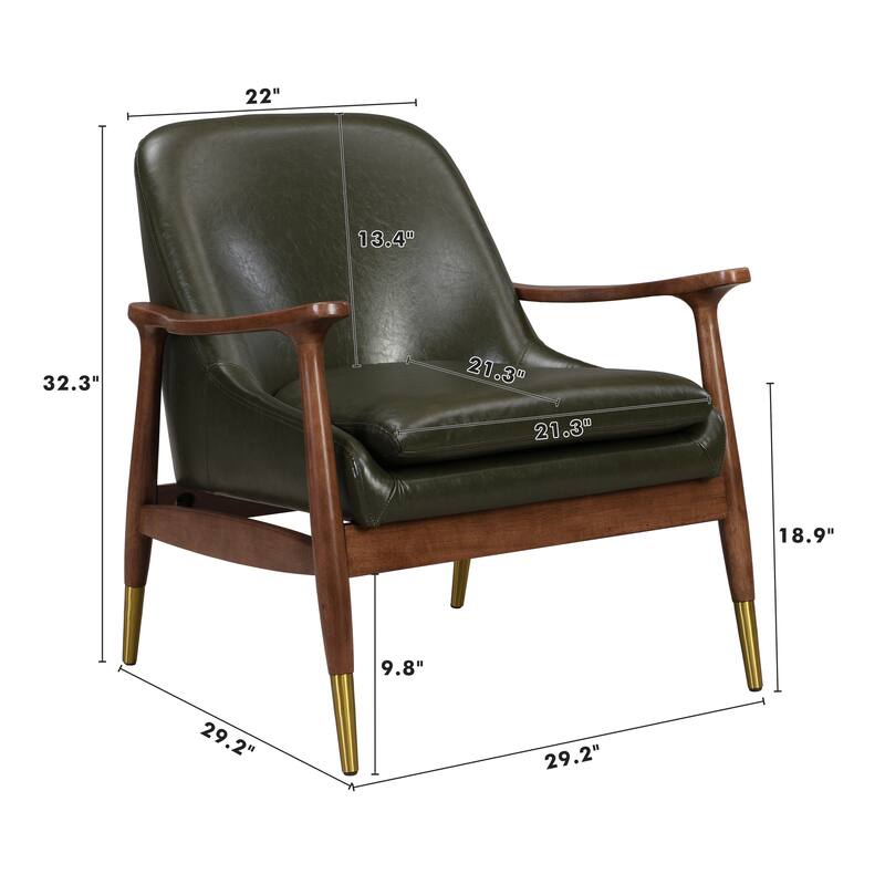 Faux Leather Mid-Century Accent Chairs (Set of 2) with Cushioned Seats, Solid Wood Frames, and Brass-Tipped Legs