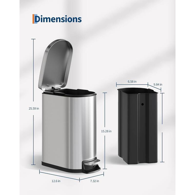 13.2 Gallon and 2.6 Gallon Stainless Steel Trash Can Combo Set with Removable Inner Drum for Kitchen, Bathroom, Office