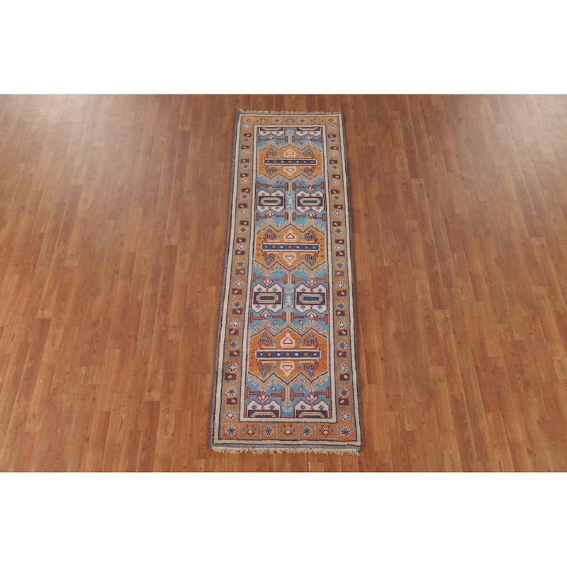 Geometric Kazak Runner Rug Hand-Knotted Wool Carpet - 2'6" x 7'10"