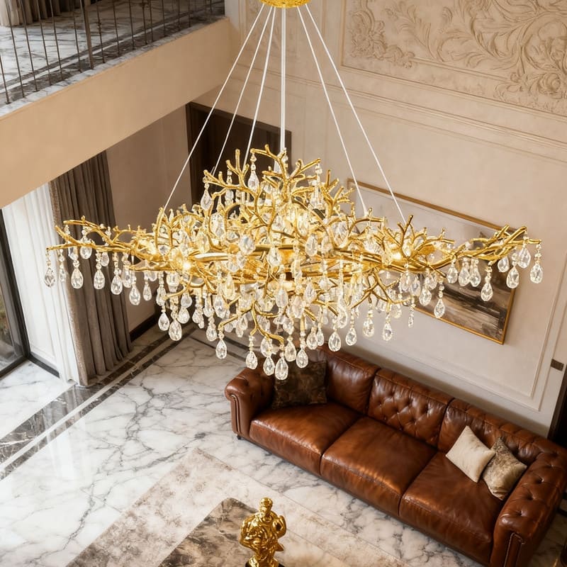 47 in. Luxury Crystal Linear Chandelier, Modern 12-Lights Tree Branch Ceiling Pendant Light for Dinning Room,Living Room - Gold