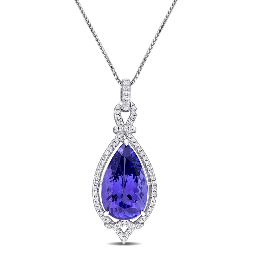 Miadora 14k White Gold Tanzanite and 1/3ct TDW Diamond Teardrop Halo Necklace - 35.4 mm x 18 inch x 13.8 mm