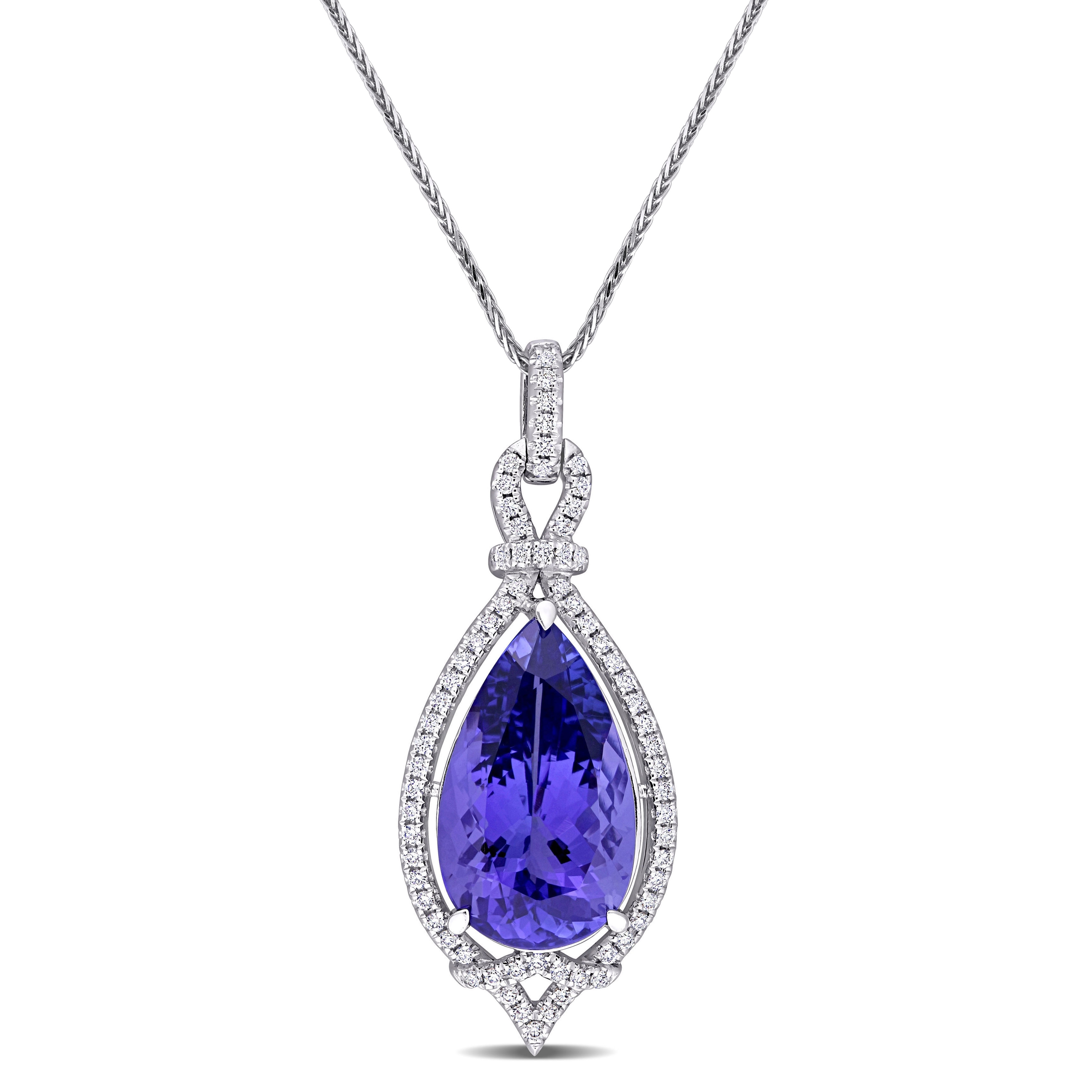 Miadora 14k White Gold Tanzanite and 1/3ct TDW Diamond Teardrop Halo Necklace - 35.4 mm x 18 inch x 13.8 mm