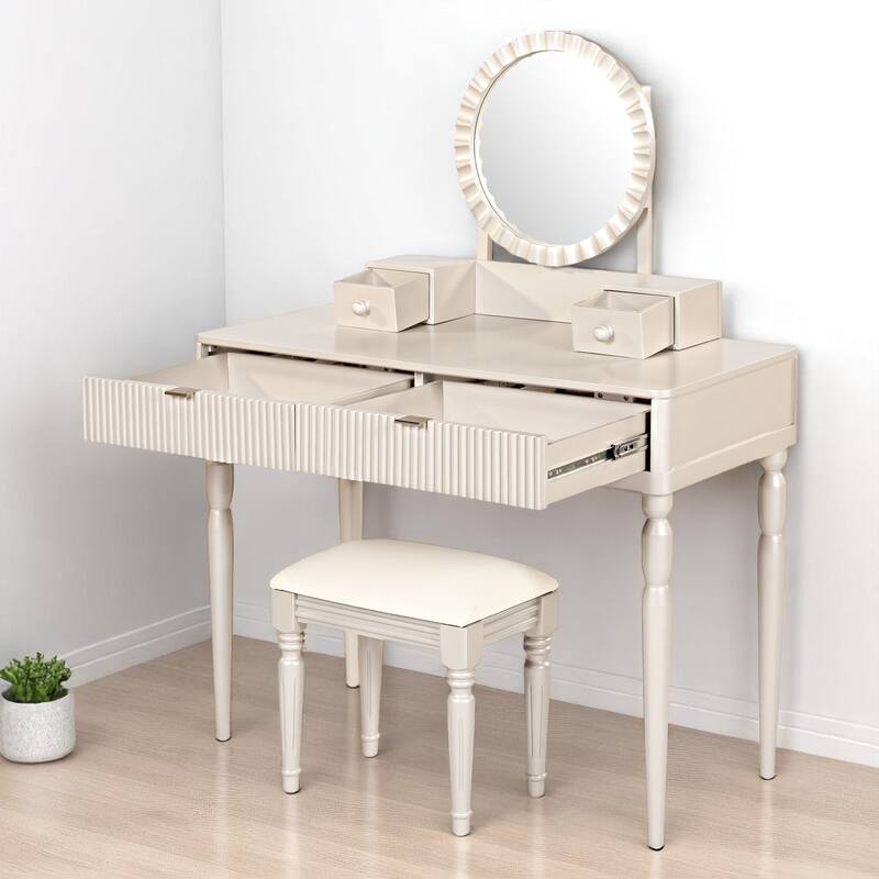 Luxury Vanity Table Set with Height-Adjustable Round Mirror, 4 Drawers & PU Stool, Elegant Makeup Desk for Bedroom