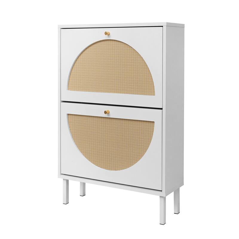 Rattan Shoe Cabinet with 2 Flip Drawer, Freestanding Entryway Organizer, Shoe Rack with Metal Legs for Living Room, Hallway