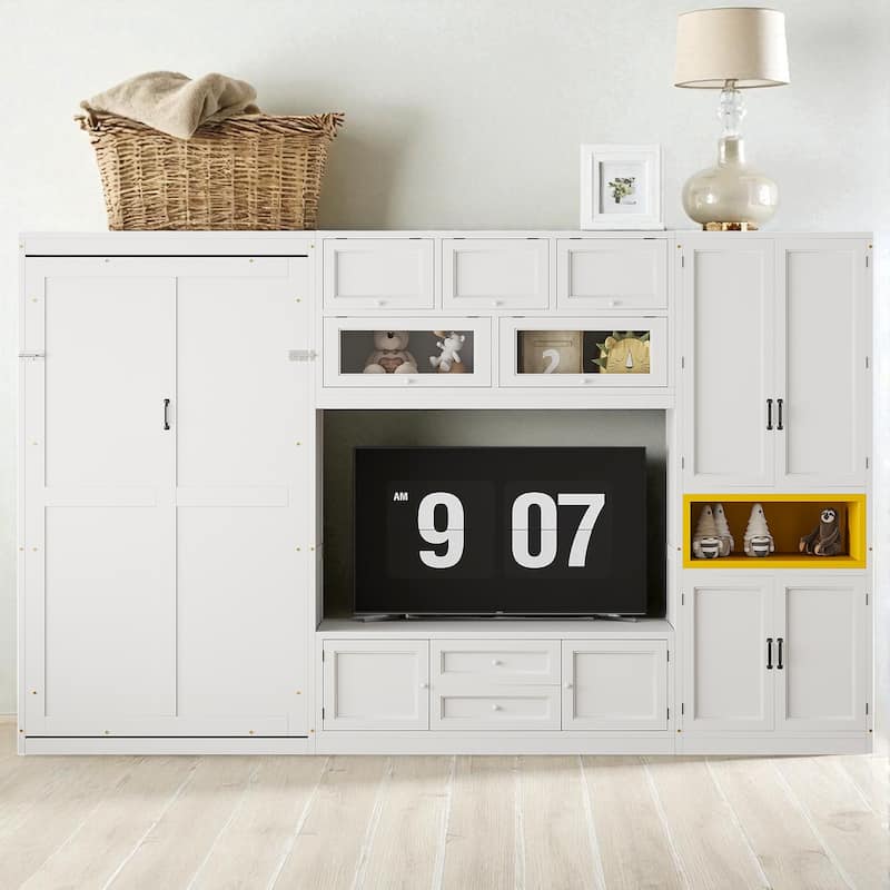 Twin Size Murphy Bed with TV Stand, 2 Storage Drawers, Shelves & Cabinets, Foldable Wooden Bed for Bedroom or Apartment - White - Twin