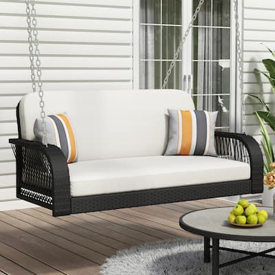 2-Seater PE Wicker Porch Swing Hanging Bench with Chains