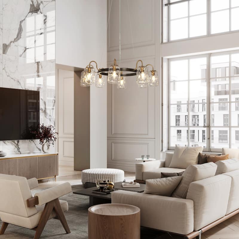 Modern 8-Light Wagon Wheel Chandelier with Textured Glass Shade for Dining Living Room - D32.7" x H68.5" Max