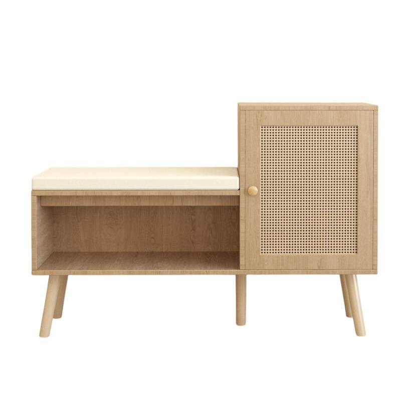 2-in-1 Shoe Storage Bench, Natural Rattan Shoe Cabinet with 2 Adjustable Shelves and Removable Seat Cushion