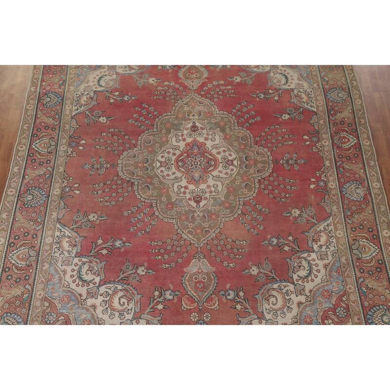Hand Knotted Oriental 100% Wool Carpet Traditional Floral Pink Tabriz Area Rug - 12' 10'' X 9' 7''