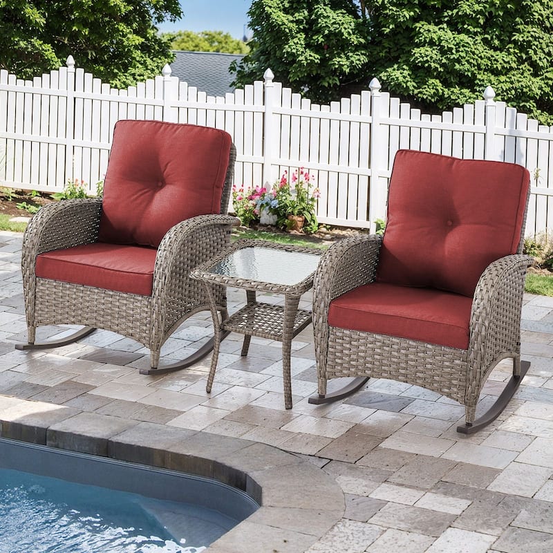 Pocassy Outdoor Wicker Patio Chairs Set - Grey Wicker Red Cushion - 2PCS Rocker Chairs w/ 1PC Side Table