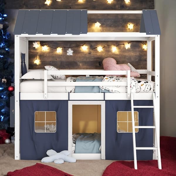 slide 2 of 30, Modren Twin over Twin Wood Bunk Bed House Bed With Elegant Windows,Sills and Tent For Bedroom Blue+White