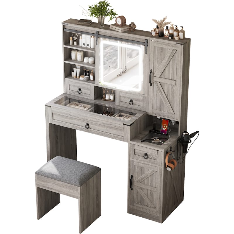 2-Piece Bedroom Makeup Vanity Set with Stool, Farmhouse Glass Top Vanity Desk with Sliding Mirror, Lights and Charging Station