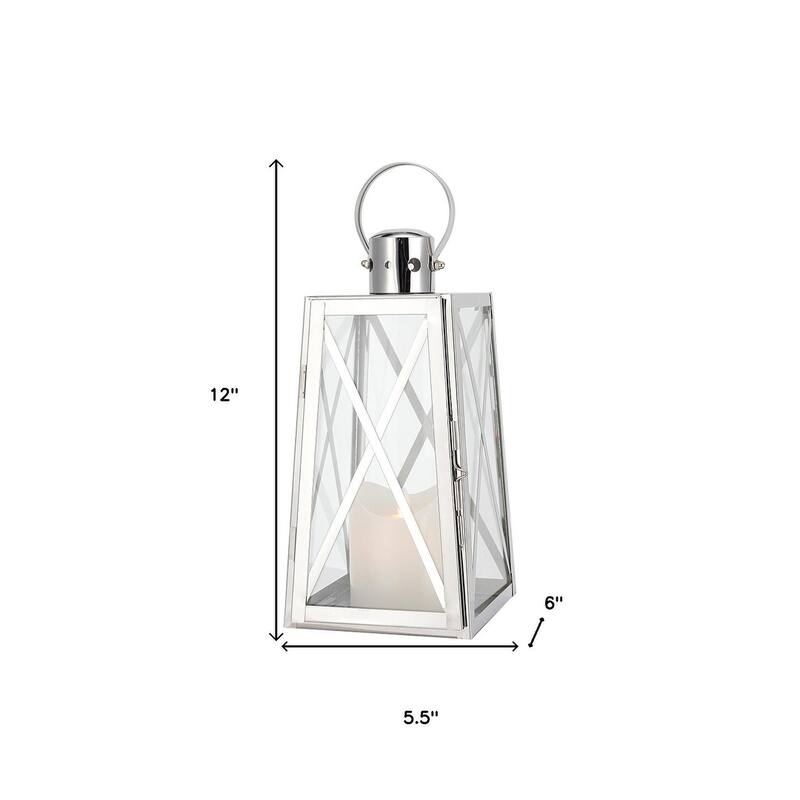 12" Clear And Silver Glass And Stainless Steel Tabletop Lantern Candle Holder
