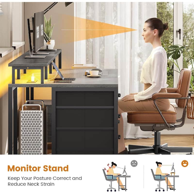 Home Computer Desk File Drawer & Power Outlet 5 Drawer Monitor Shelf