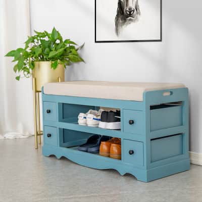 Blue Shoe Rack Shoe Storage with Cushion and Drawers