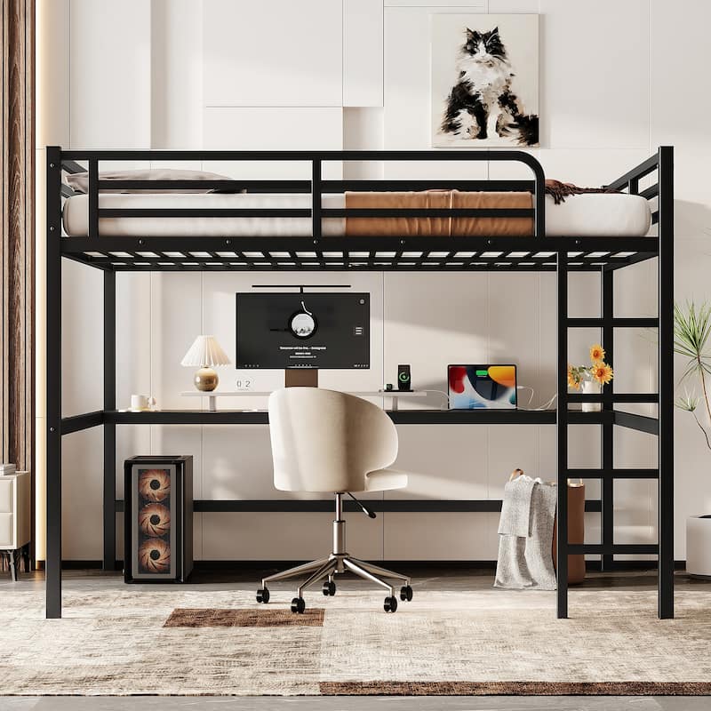 Metal Queen Loft Bed with Built-in Desk, Power Outlet and LED Lighted - Black - Queen