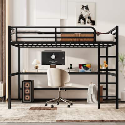 Metal Queen Size Loft Bed with Power Outlet and LED Lighted, Space-Saving, Noise Reduced, Black