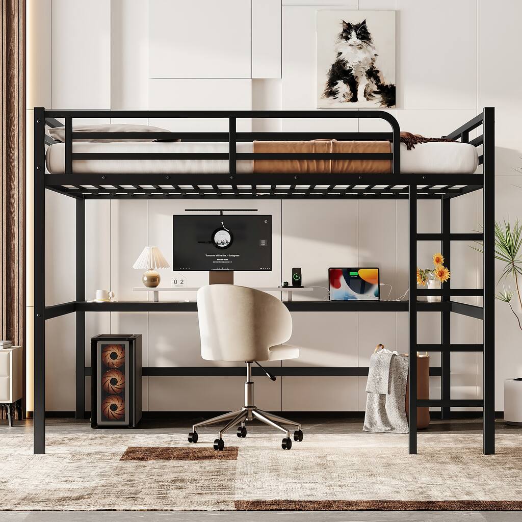 Queen Size Loft Bed with Power Outlet & LED Lights - Metal Frame - Space-Saving Loft Bed for Small Rooms