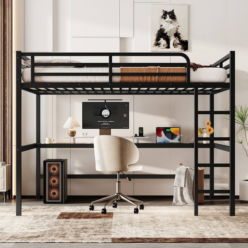 Queen Size Metal Loft Bed with Power Outlet, LED Lighting and Built-in Desk - Black