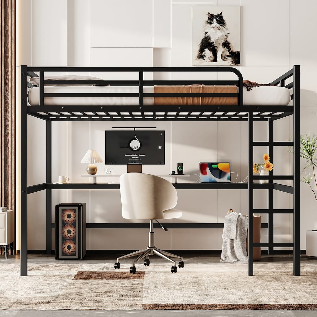 Queen Size Metal Loft Bed with Power Outlet, LED Lighting and Built-in Desk